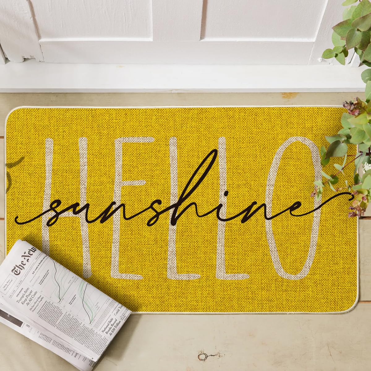 Artoid Mode Yellow Hello Sunshine entryway scene doormat creates welcoming home ambience.