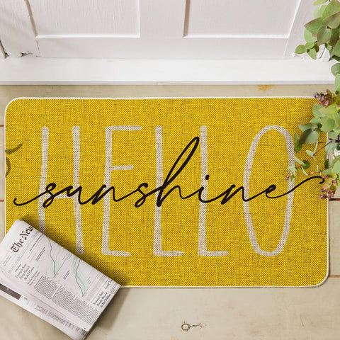 Artoid Mode Yellow Hello Sunshine entryway scene doormat creates welcoming home ambience.