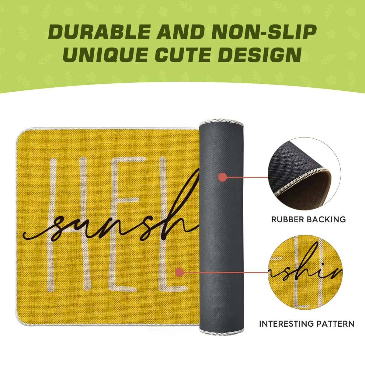Artoid Mode Yellow Hello Sunshine indoor outdoor use doormat suited for porch and patio.