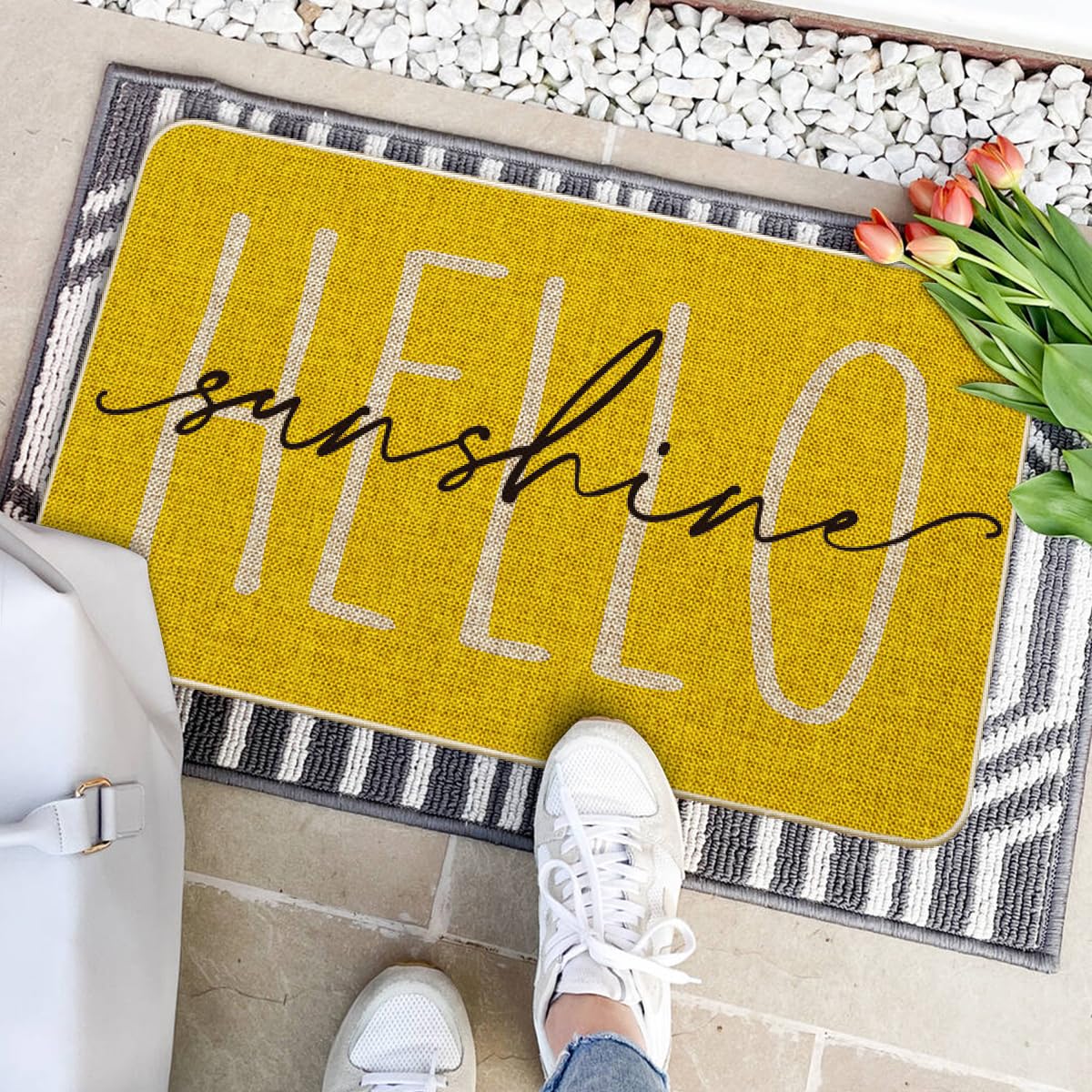 Artoid Mode Yellow Hello Sunshine low profile 0-25 inch doormat fits narrow entryways.