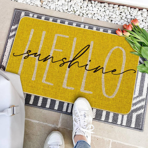 Artoid Mode Yellow Hello Sunshine low profile 0-25 inch doormat fits narrow entryways.