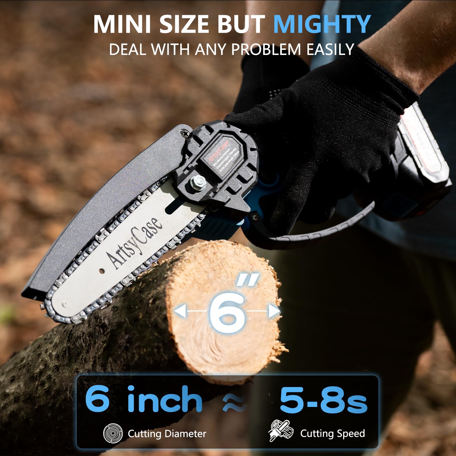 ArtsyCase Mini Chainsaw with battery for cordless garden freedom.