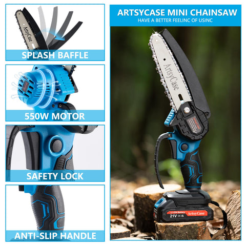ArtsyCase Mini Chainsaw cutting wood quickly for DIY projects.