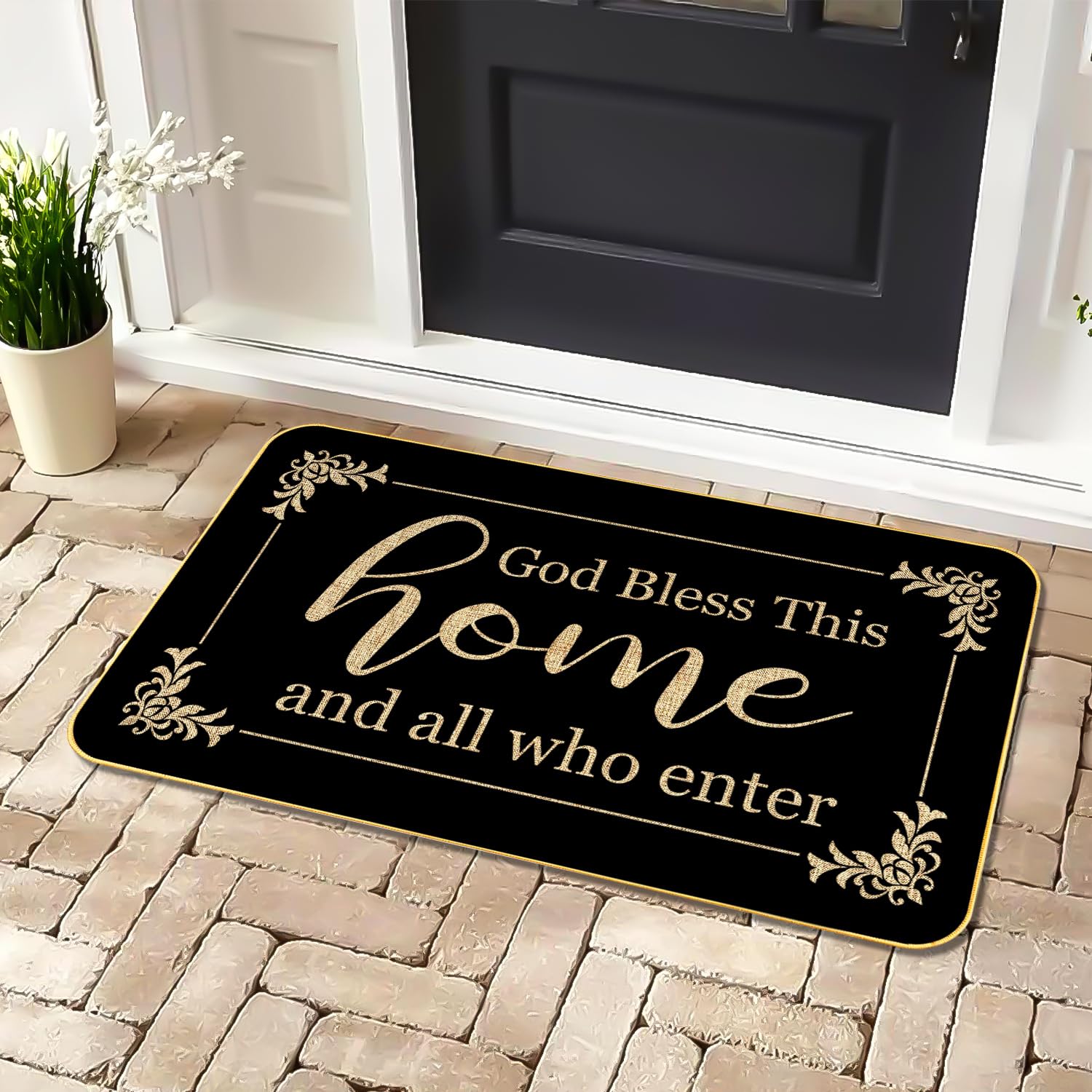 ARTUFAN God Bless This Home doormat on a front porch, inviting guests warmly.