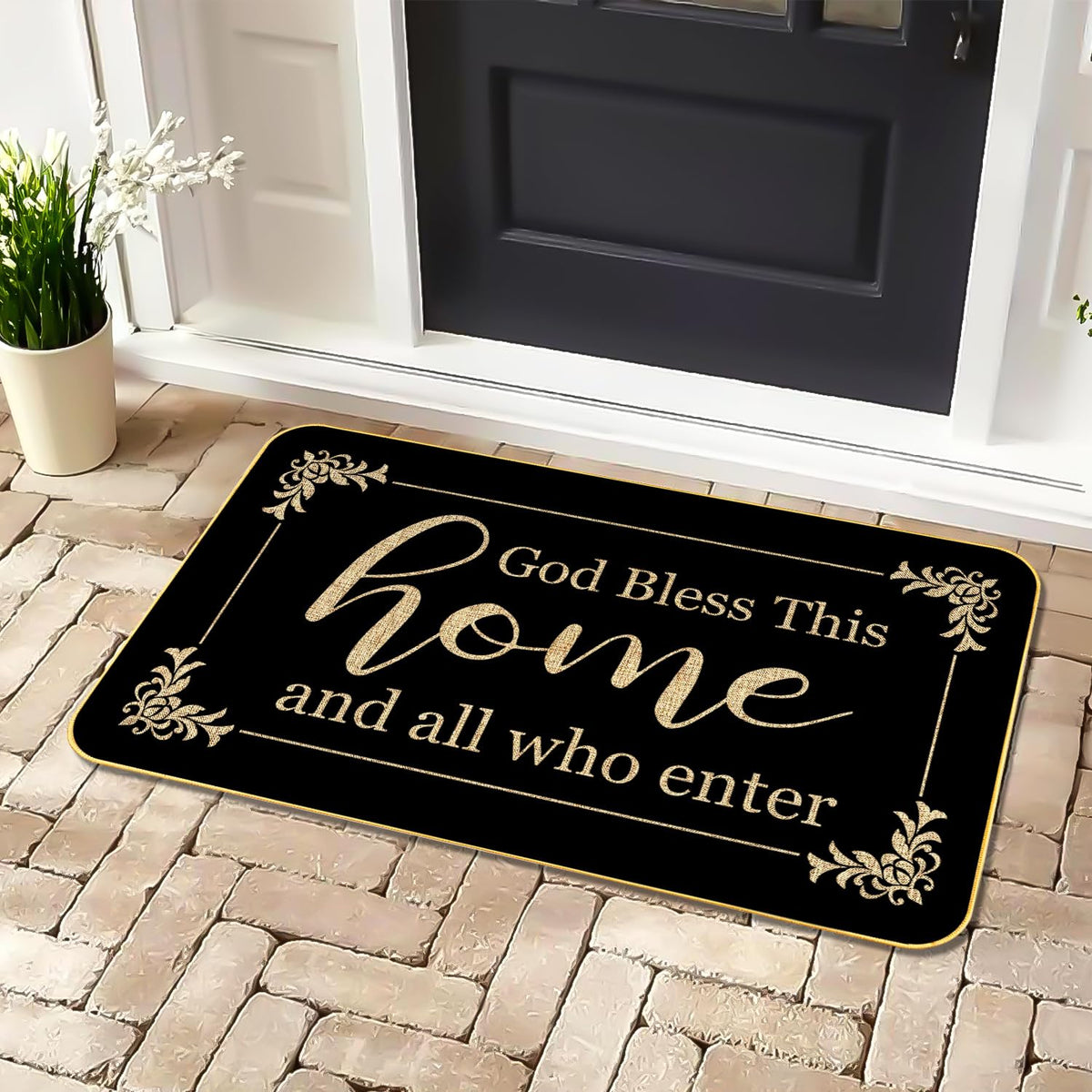 ARTUFAN God Bless This Home doormat on a front porch, inviting guests warmly.