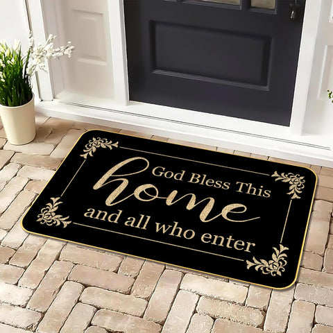 ARTUFAN God Bless This Home doormat on a front porch, inviting guests warmly.