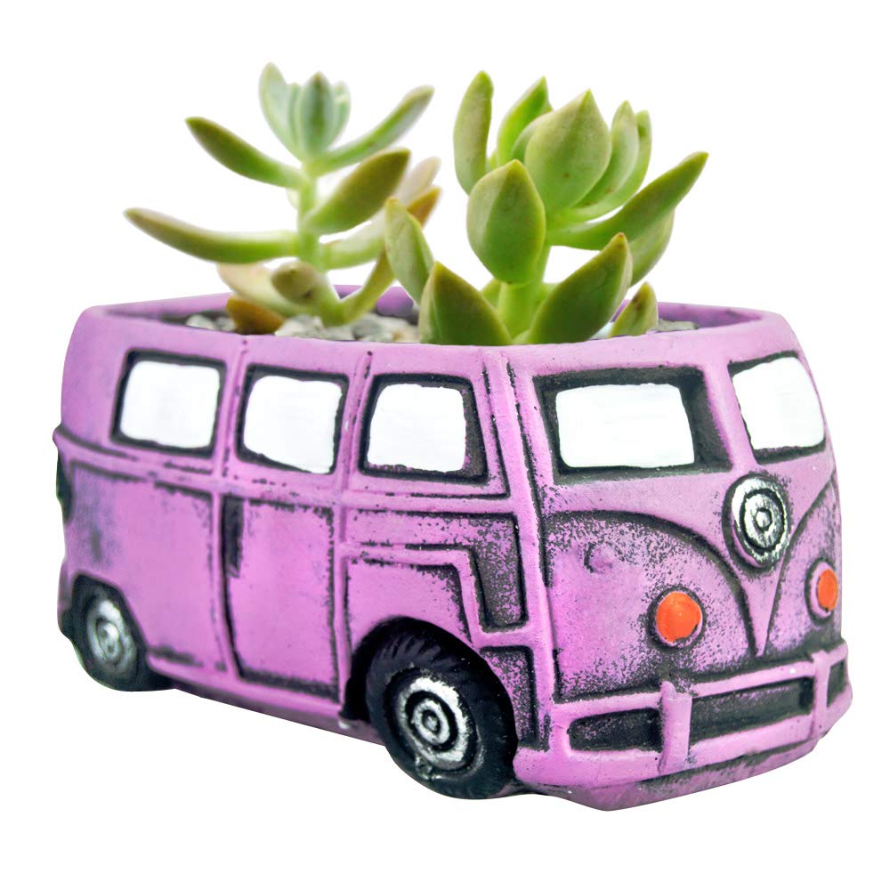 Ascrafter purple bus car planter front view, perfect for cute desk succulents.