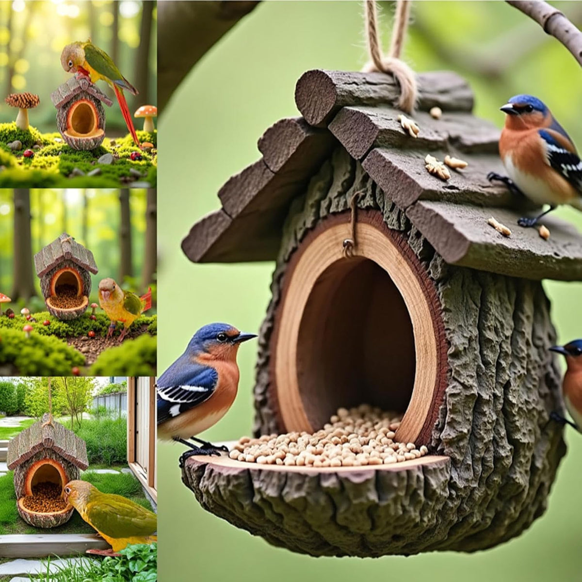 ASDFB Vintage Treehouse Bird Feeder with open platform for easy bird access.