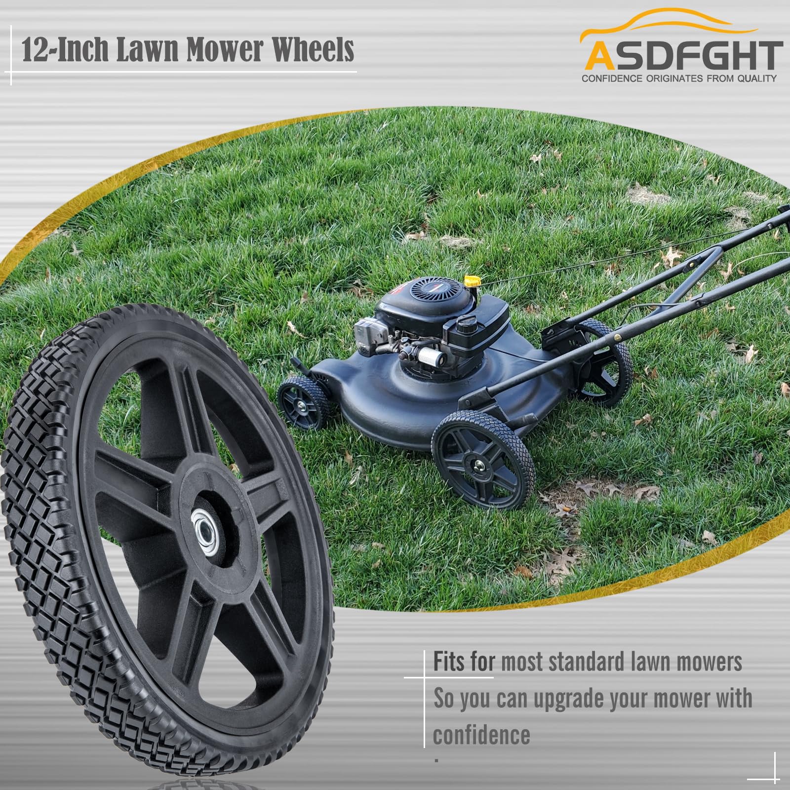 ASDFGHT twelve-inch lawn mower wheels front view highlights durable rim and tire.