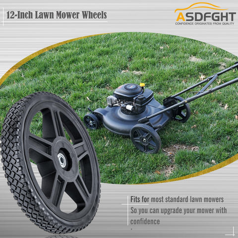 ASDFGHT twelve-inch lawn mower wheels front view highlights durable rim and tire.