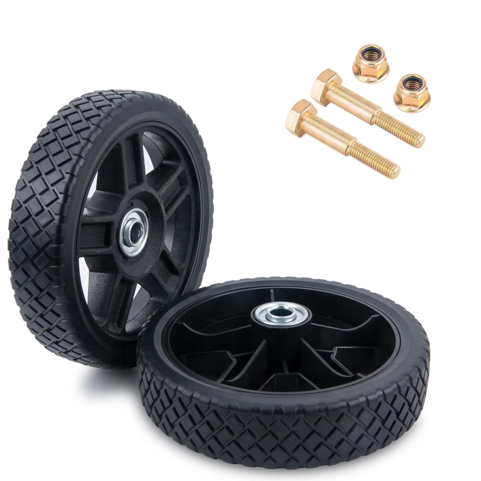 ASDFGHT 7-inch lawn mower wheel front view, easy maneuverability on uneven terrain