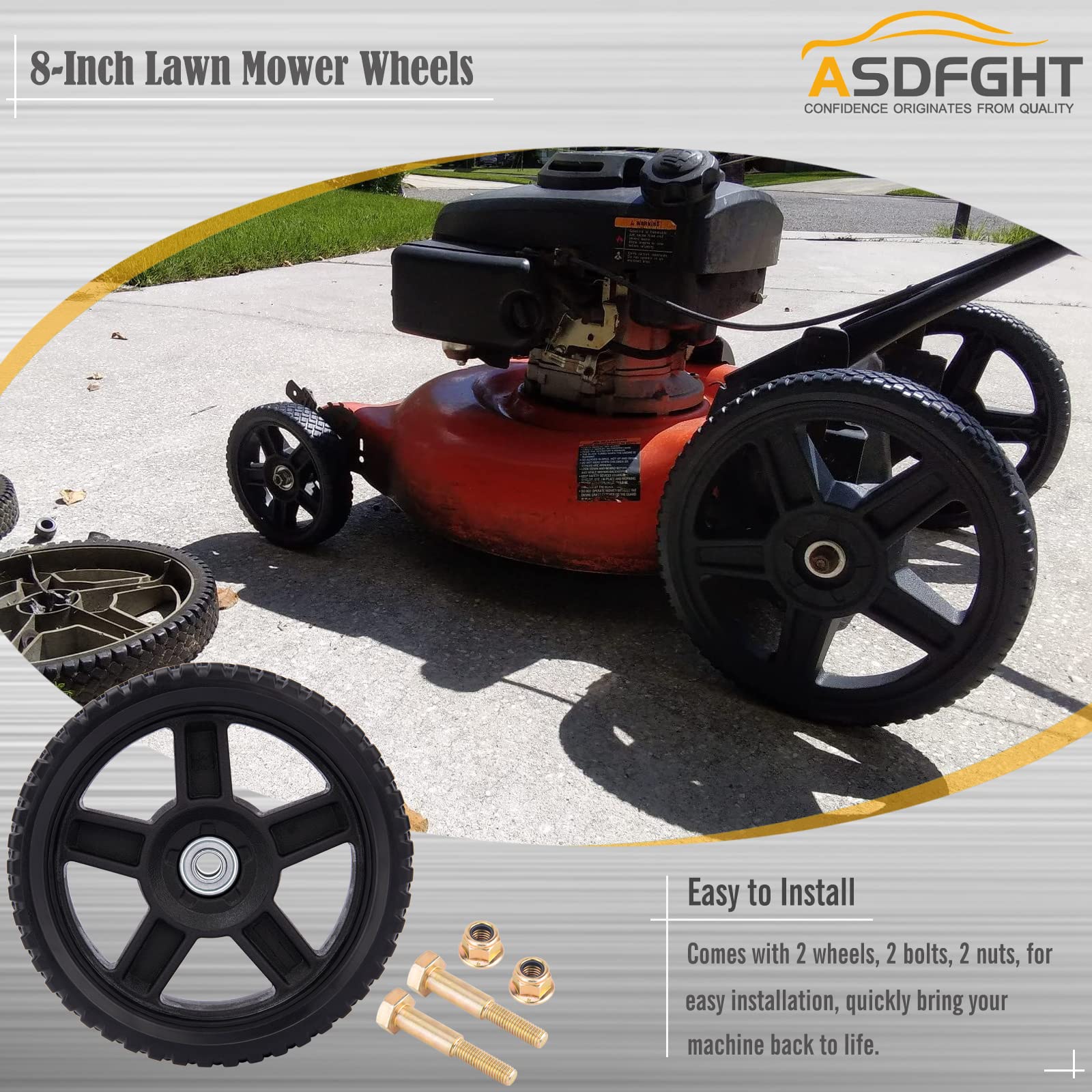 ASDFGHT solid tire and rim design provides sturdy base for mowing