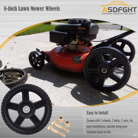 ASDFGHT solid tire and rim design provides sturdy base for mowing