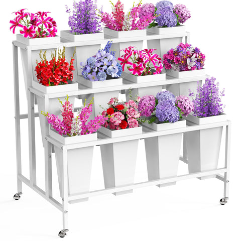 Asee'm flower display stand with 12 buckets organized blooms for florists or home patios.