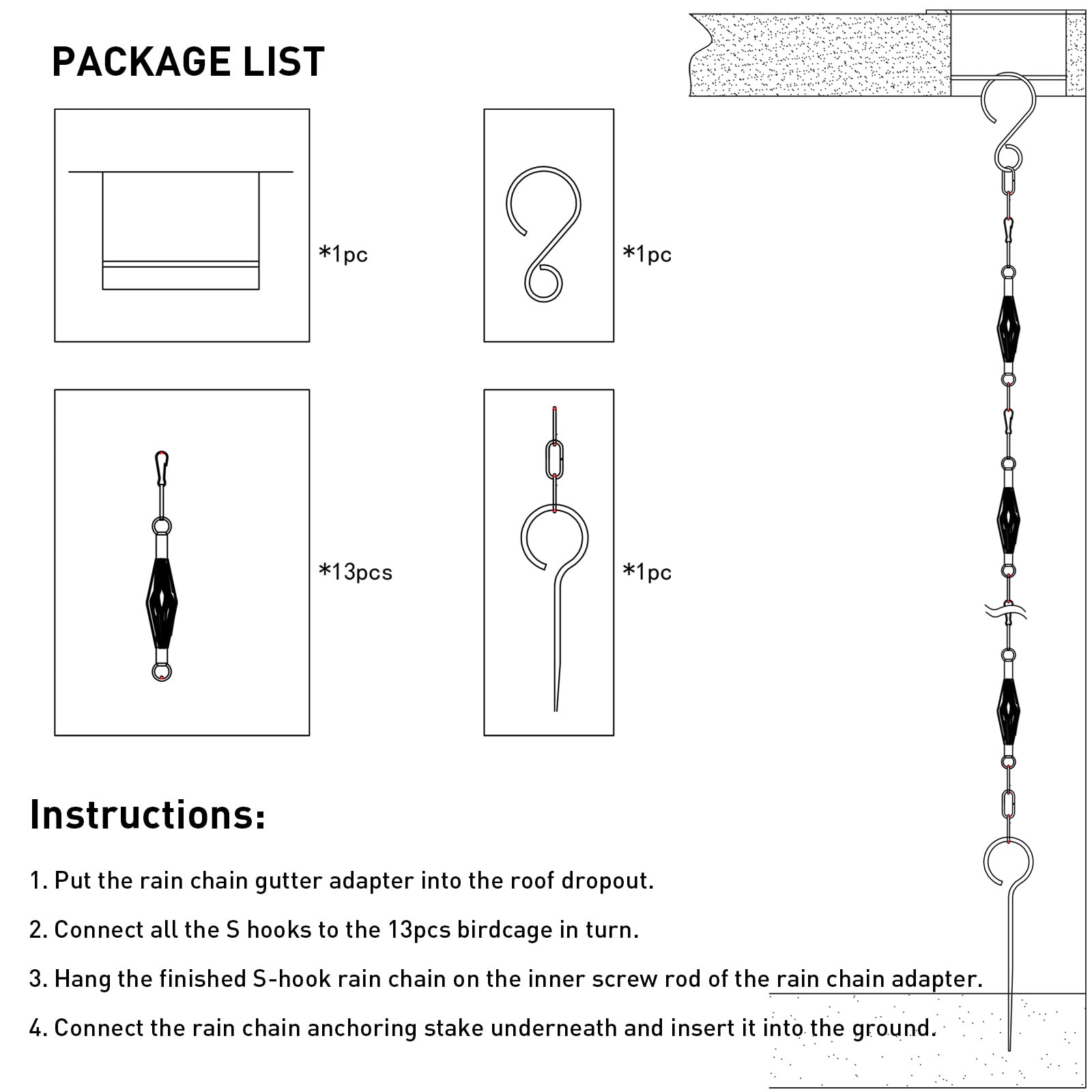 Rain chain installed by gazebo or patio for ambient water feature