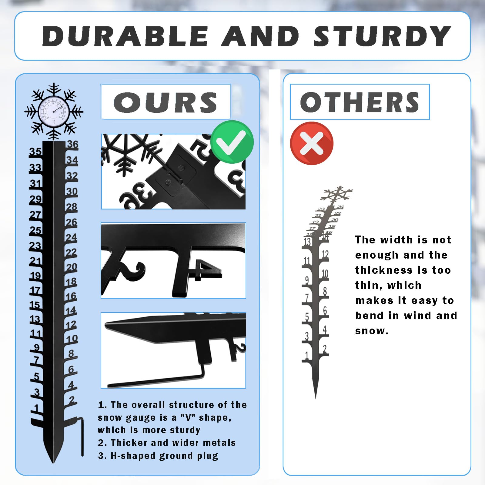 Asenron snow gauge with H-leg design stays firmly planted in the ground.