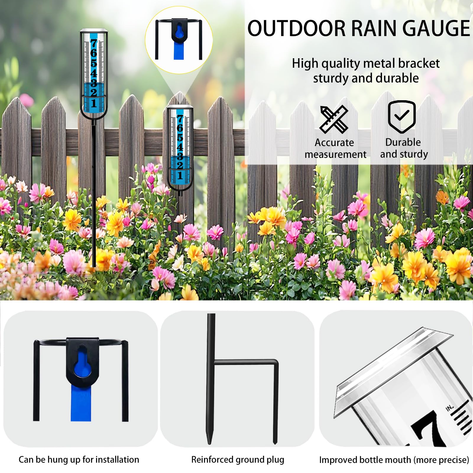 Asenron rain gauge installation demonstrates secure stake-based placement.