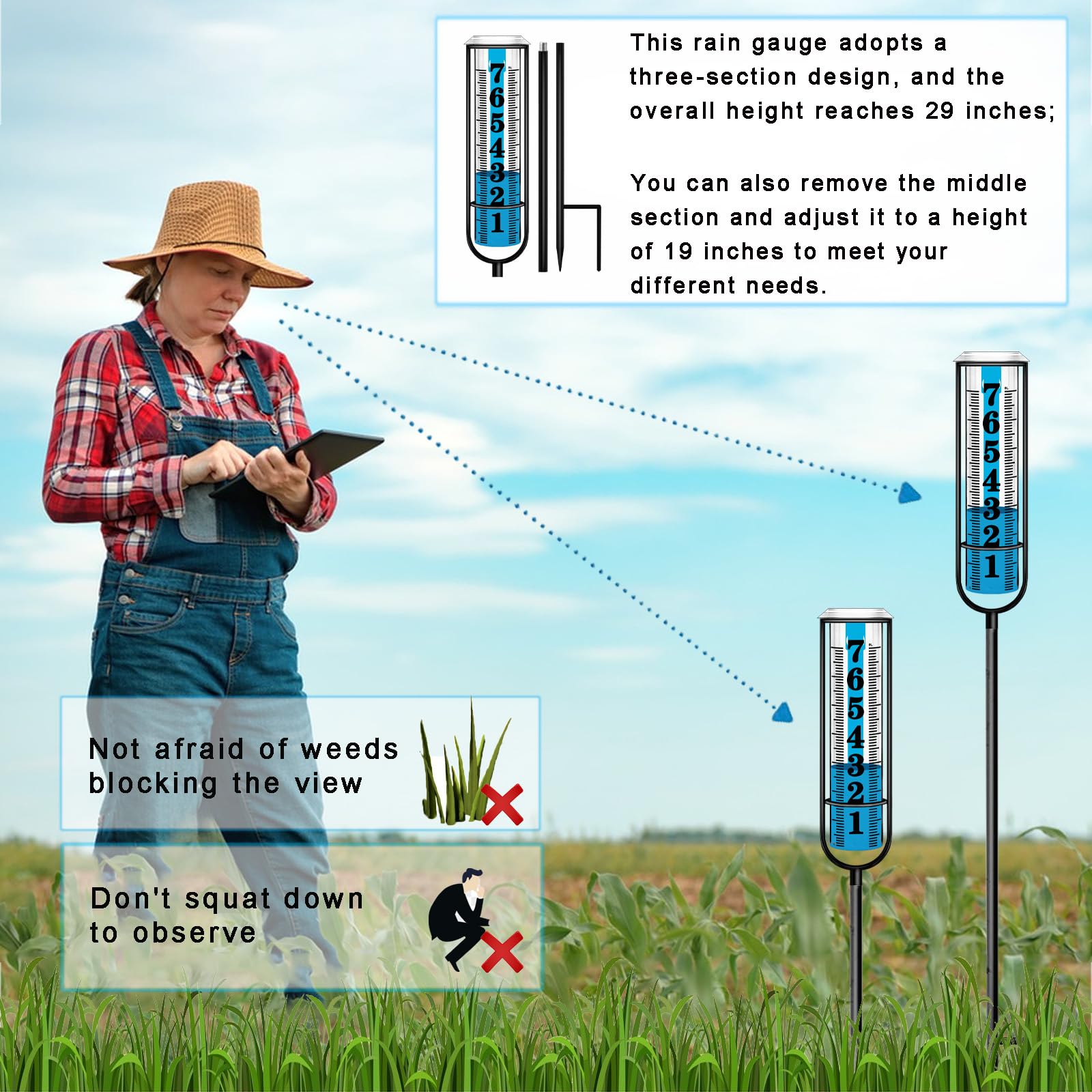 Asenron rain gauge outdoor 3-section height for adjustable placement.
