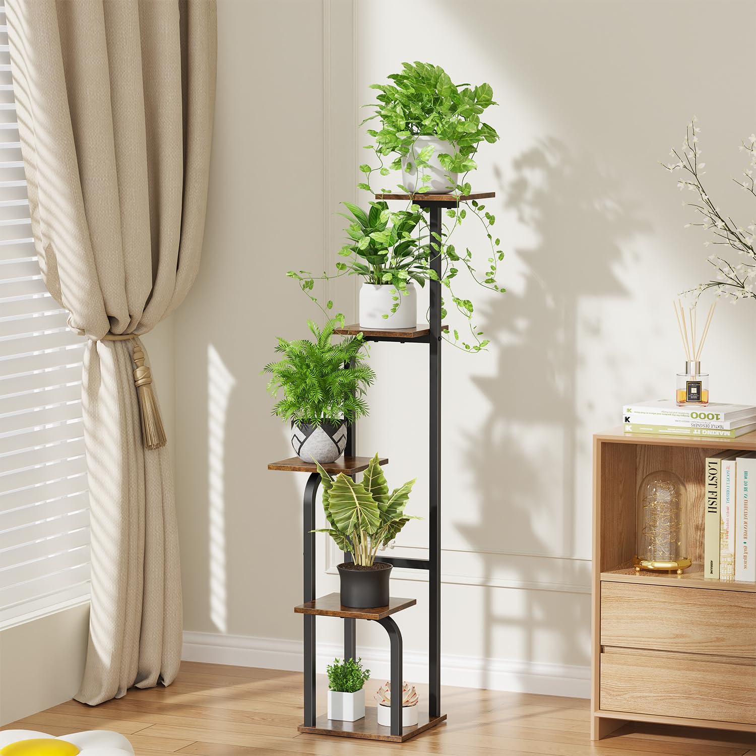 Asgolion corner plant shelf shown in a corner, optimizing small balcony spaces