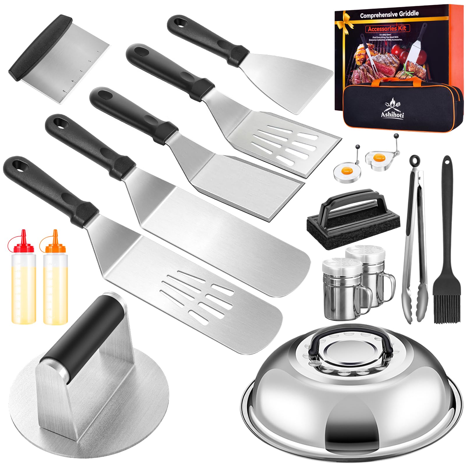 Ashihoti Official 19-piece griddle kit with burger press for even cooking.