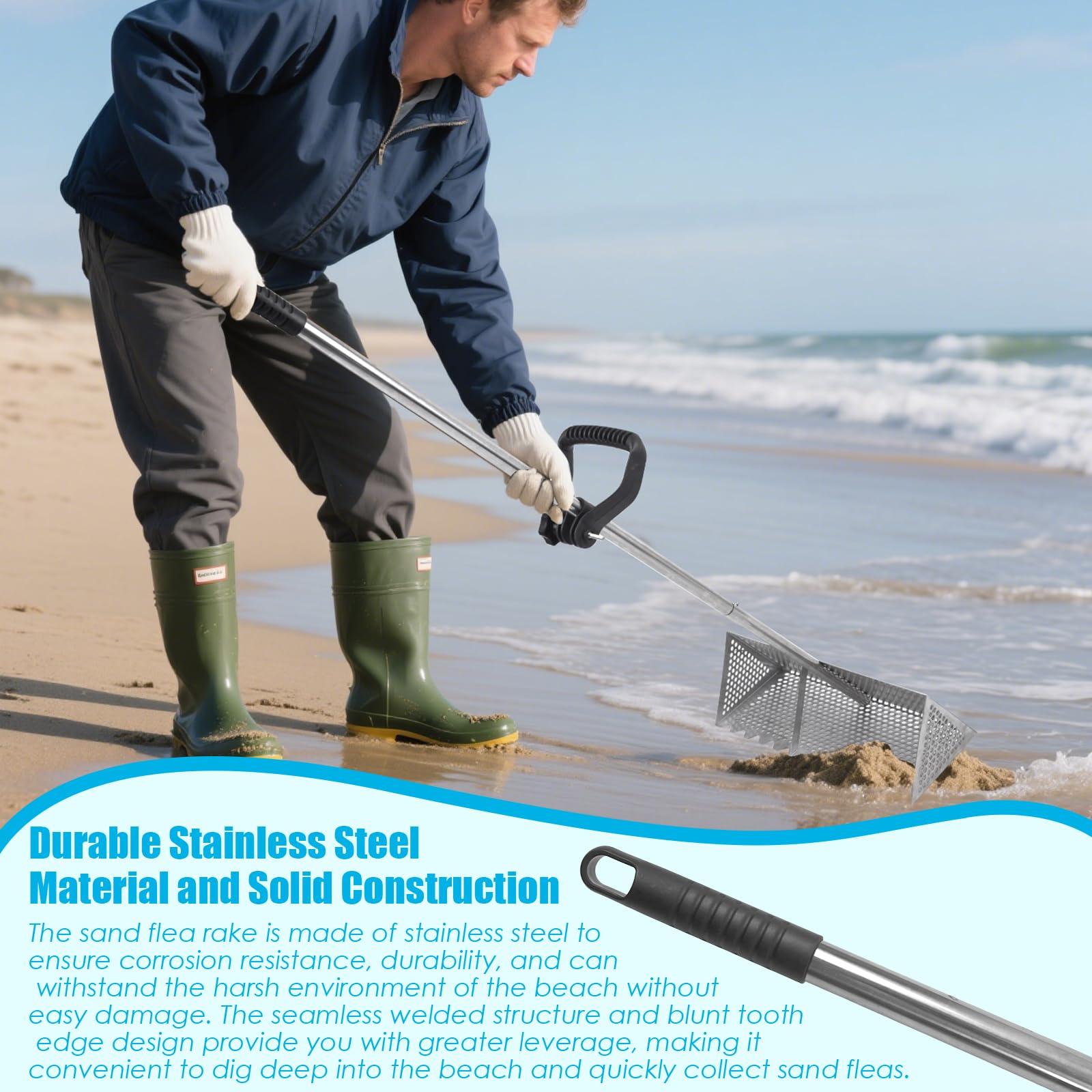 AshKiz Sand Flea Rake rust-resistant stainless steel for long-lasting beach use.