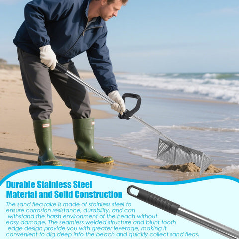 AshKiz Sand Flea Rake rust-resistant stainless steel for long-lasting beach use.