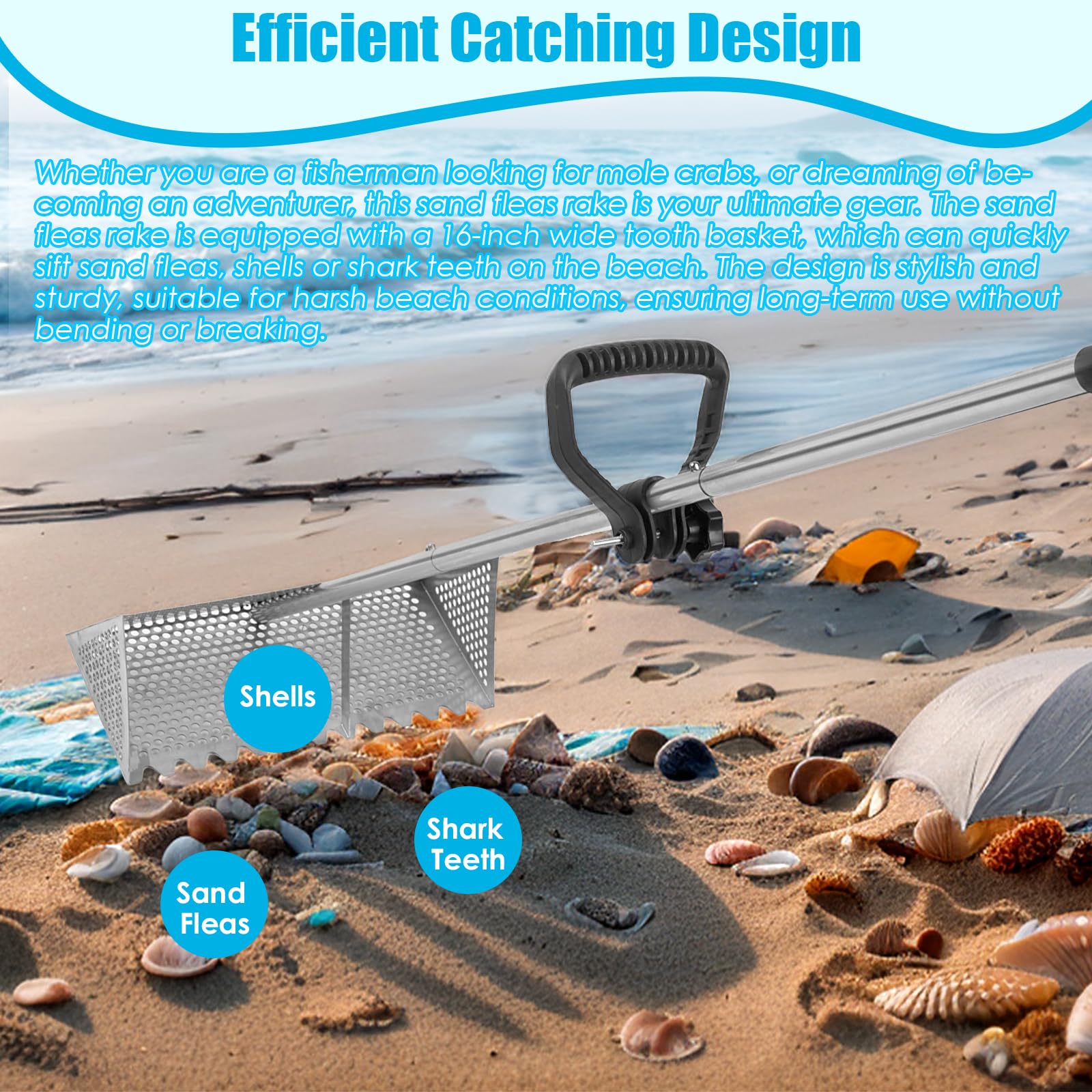 AshKiz Sand Flea Rake shark tooth screen with wide 16-inch opening for faster digging.