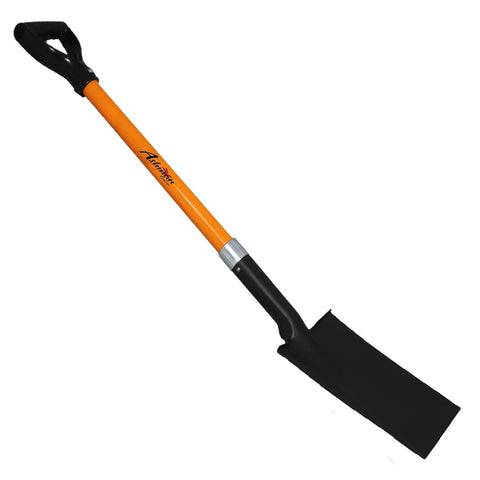 AshmanOnline spade shovel blade closeup highlights sharp, durable edge for penetrating hard ground.