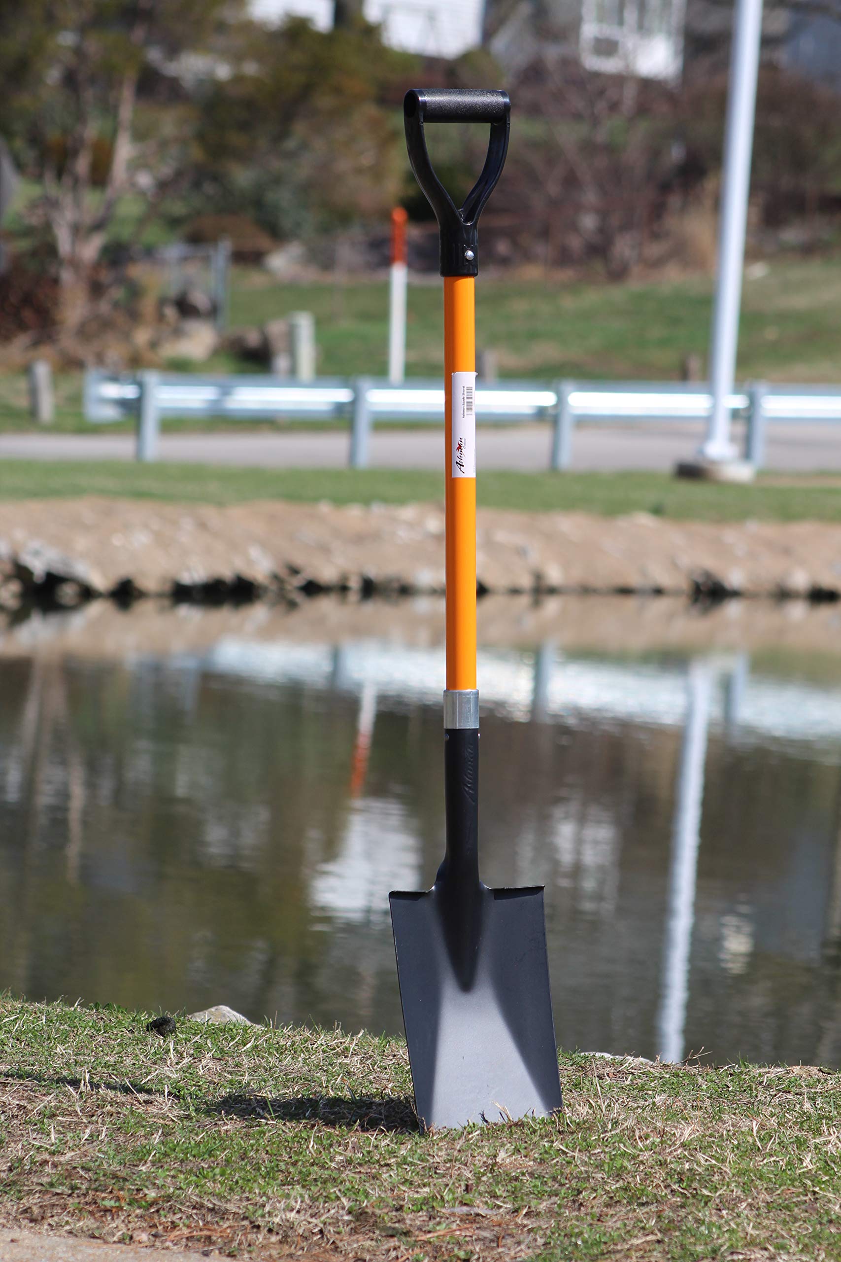AshmanOnline spade shovel orange handle closeup emphasizes high visibility and comfortable grip.