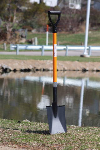 AshmanOnline spade shovel orange handle closeup emphasizes high visibility and comfortable grip.