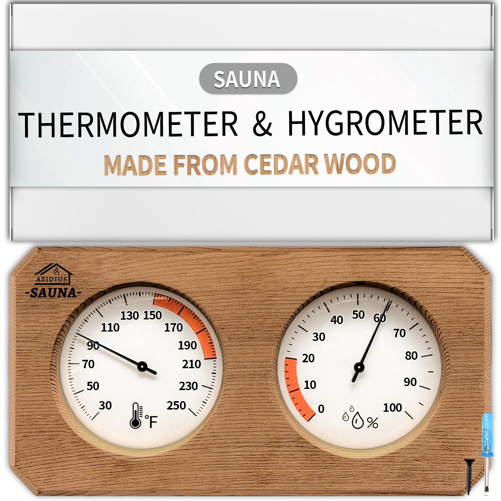 Asidius 2-in-1 sauna thermometer and hygrometer front view for clear readings in steam-filled saunas.