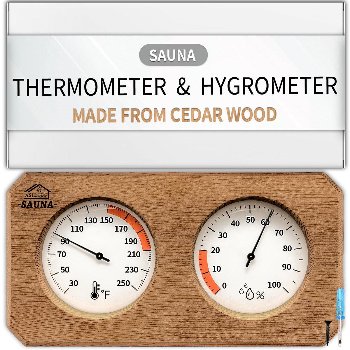 Asidius 2-in-1 sauna thermometer and hygrometer front view for clear readings in steam-filled saunas.