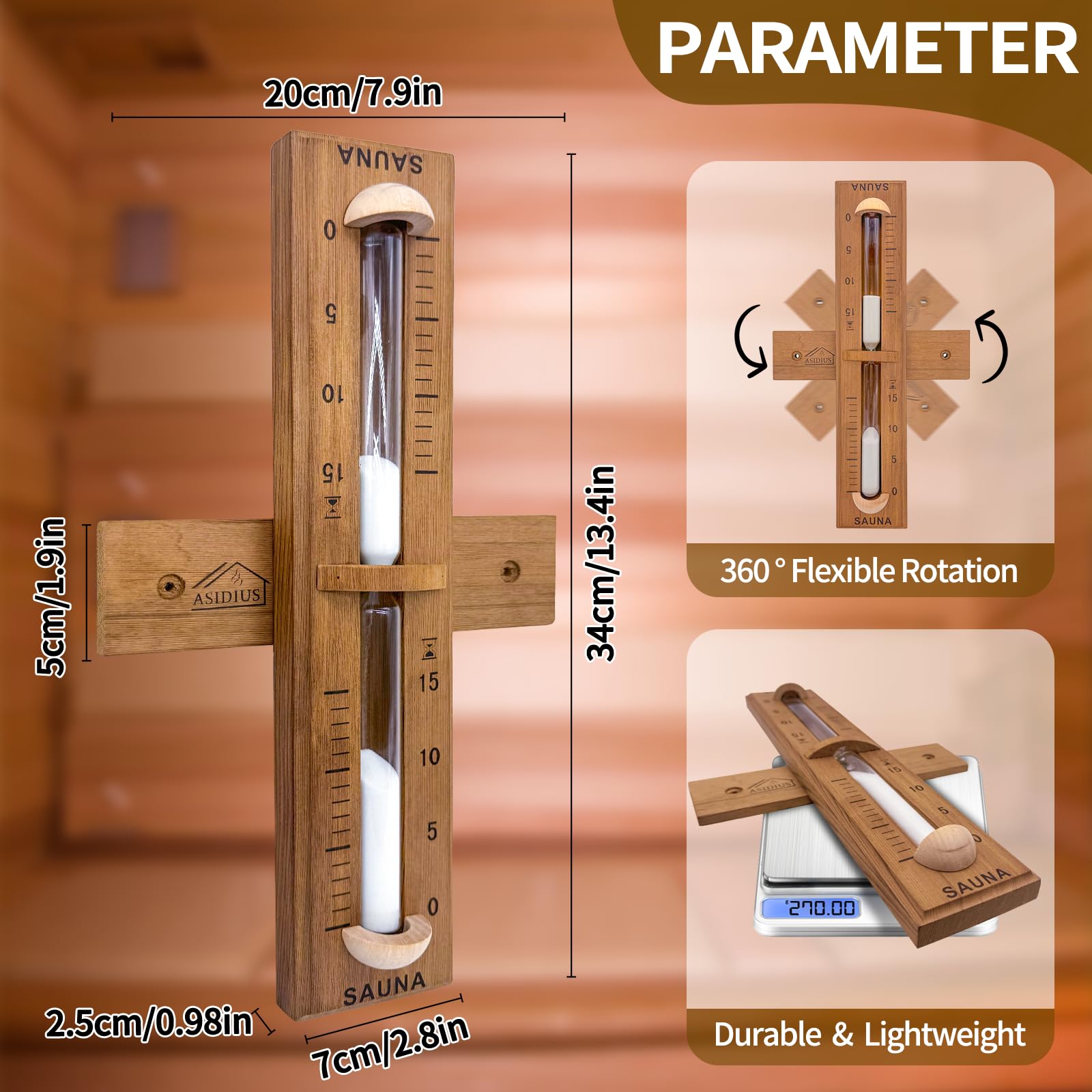 Asidius red cedar sauna timer with 360° rotation for easy angle adjustment.