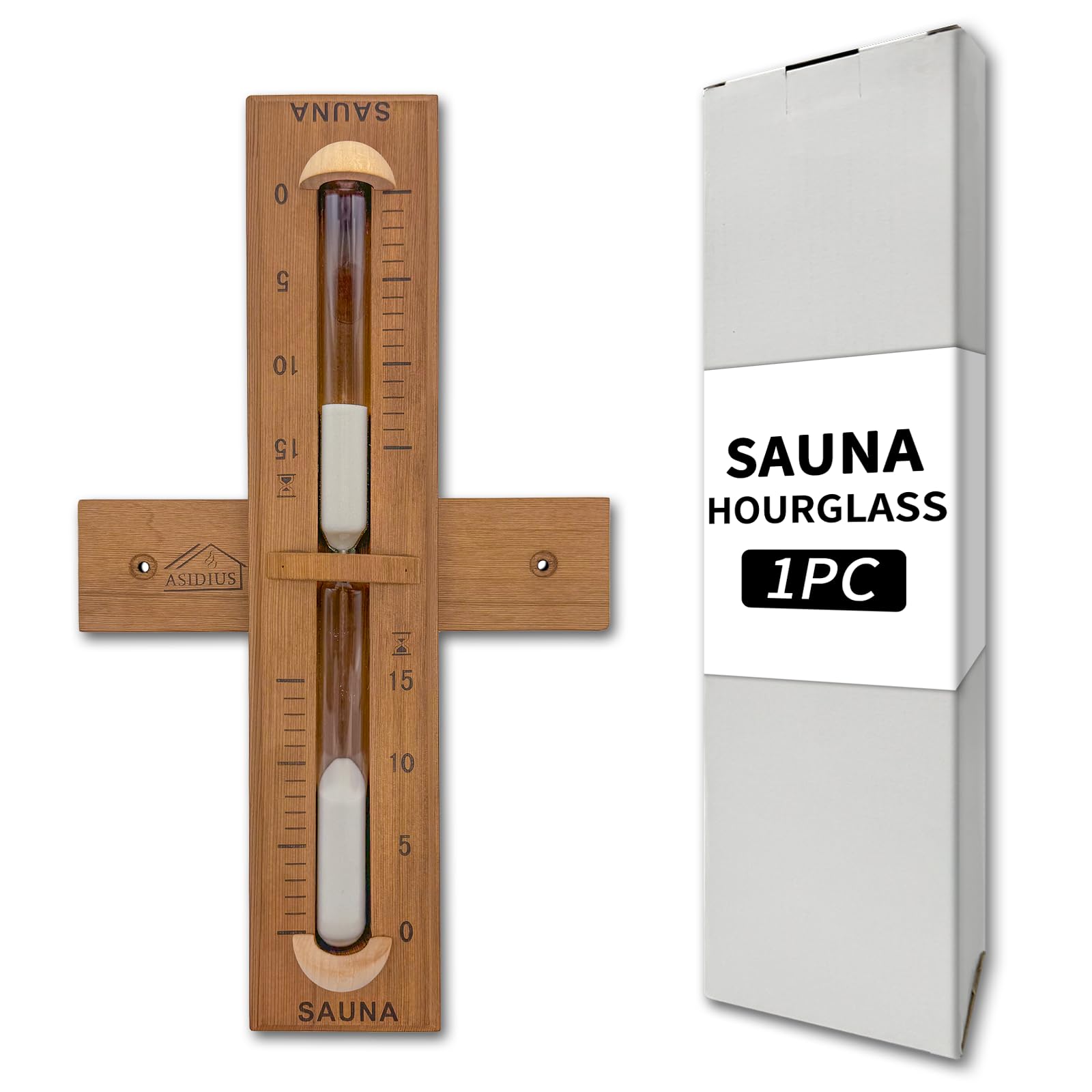 Asidius red cedar sauna timer front view, durable rotating design for precise 15-minute timing.