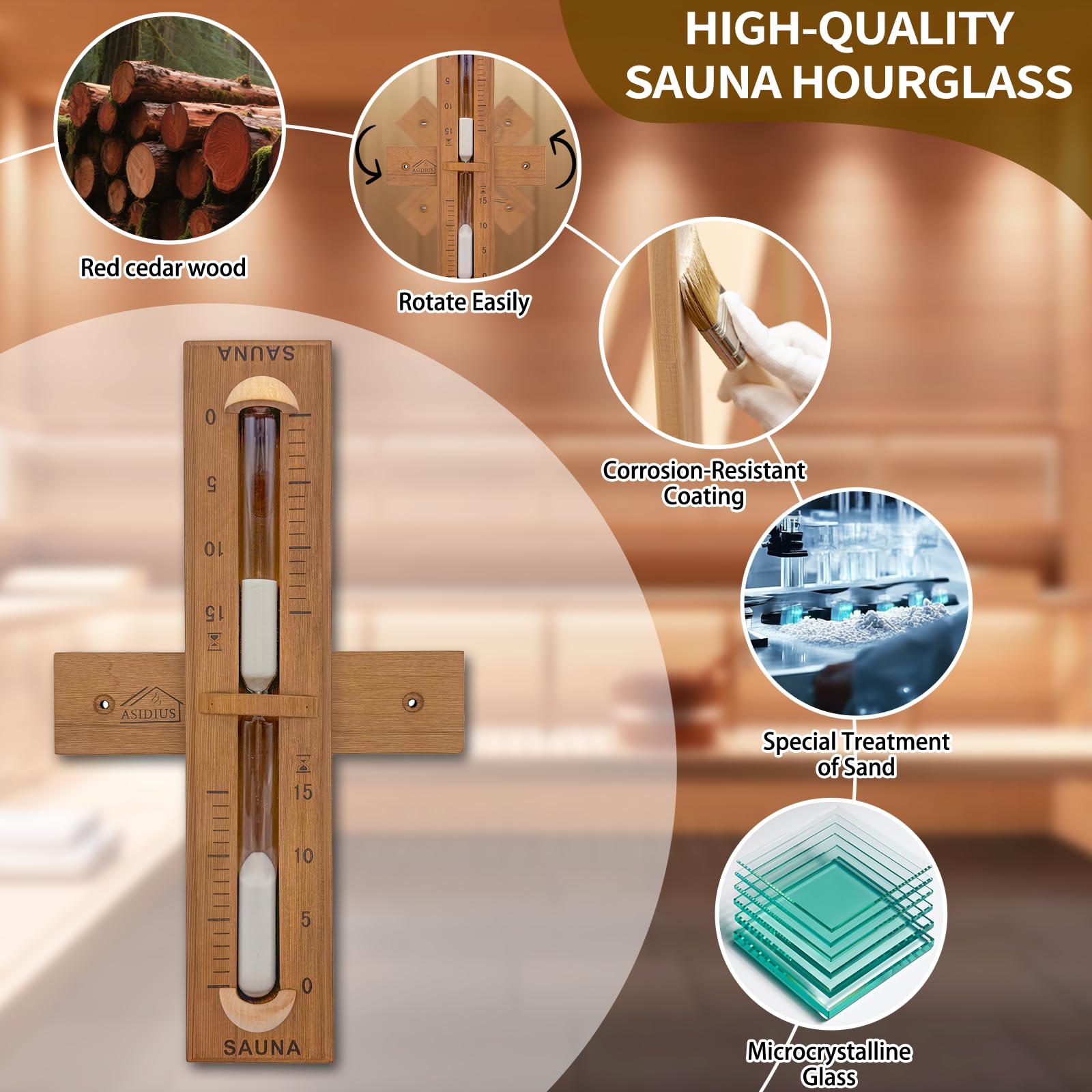 Asidius red cedar sauna timer side angle view showing robust construction.