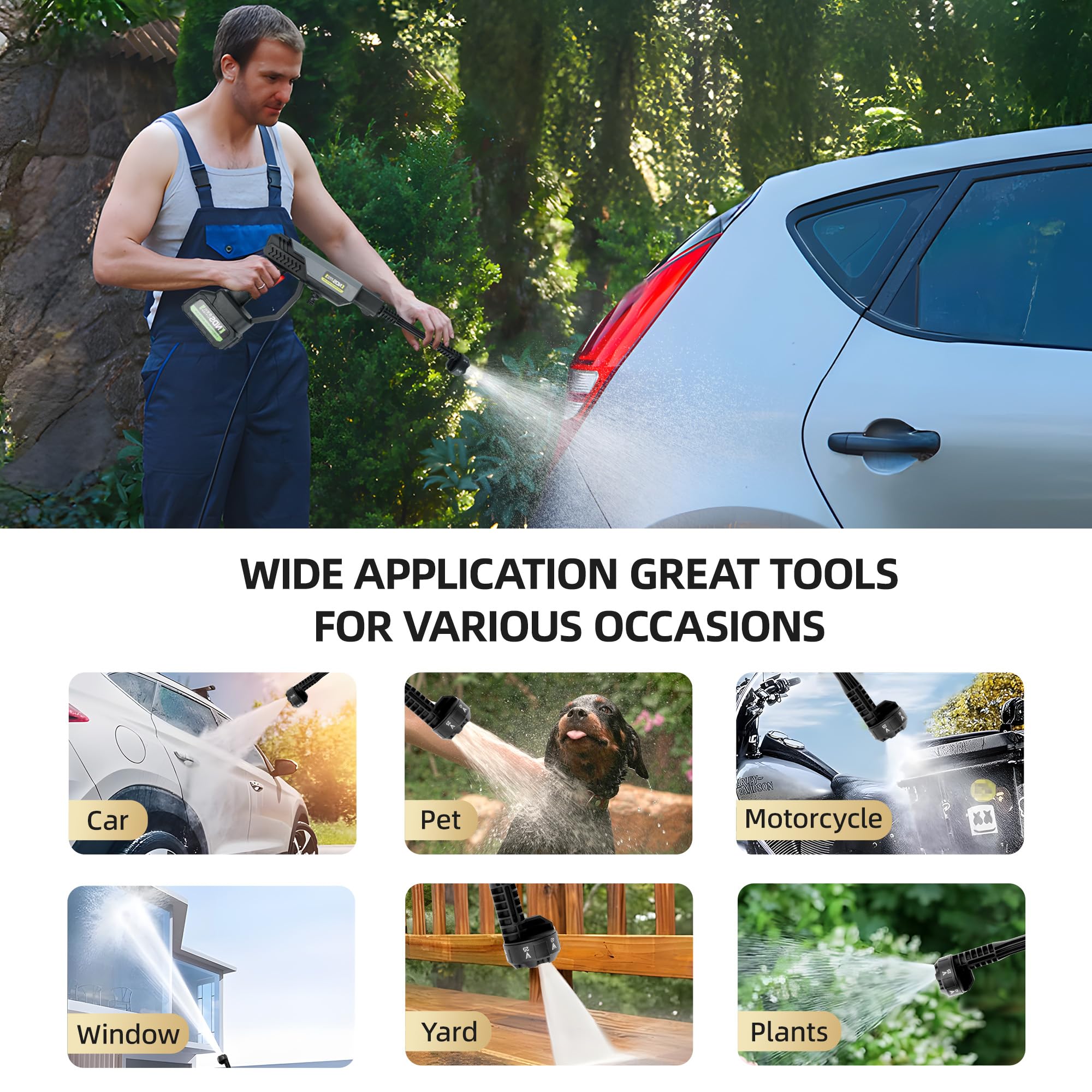 Asjdzy 6-in-1 nozzle system demonstrates versatile spray options for surfaces.