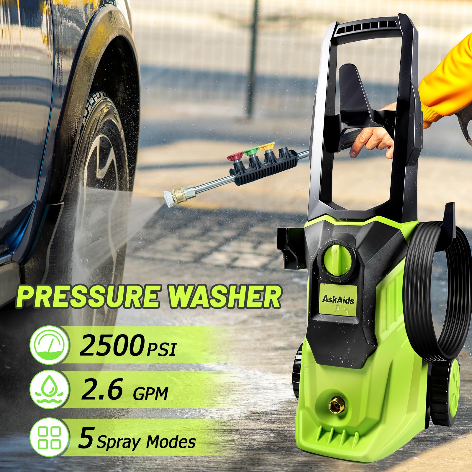 AskAids pressure washer 0deg nozzle targets stubborn spots on surfaces.