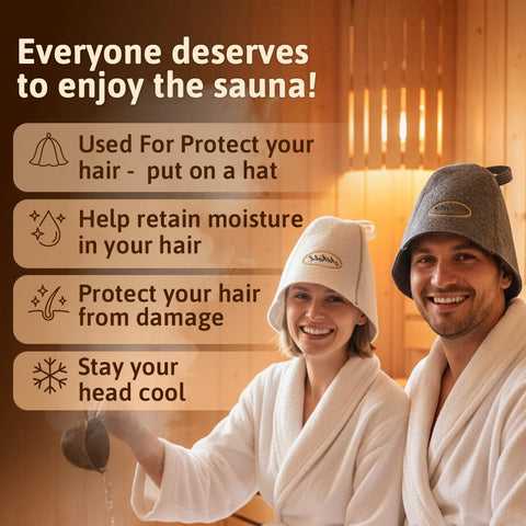 ASKOLD banya hat in grey and white being worn during sauna