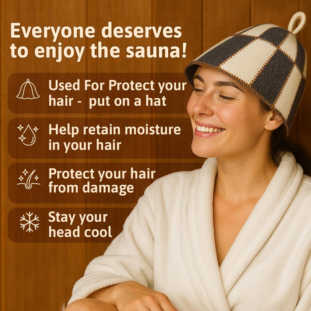 Dimensions of ASKOLD checkered wool sauna hat: 28 cm by 20 cm