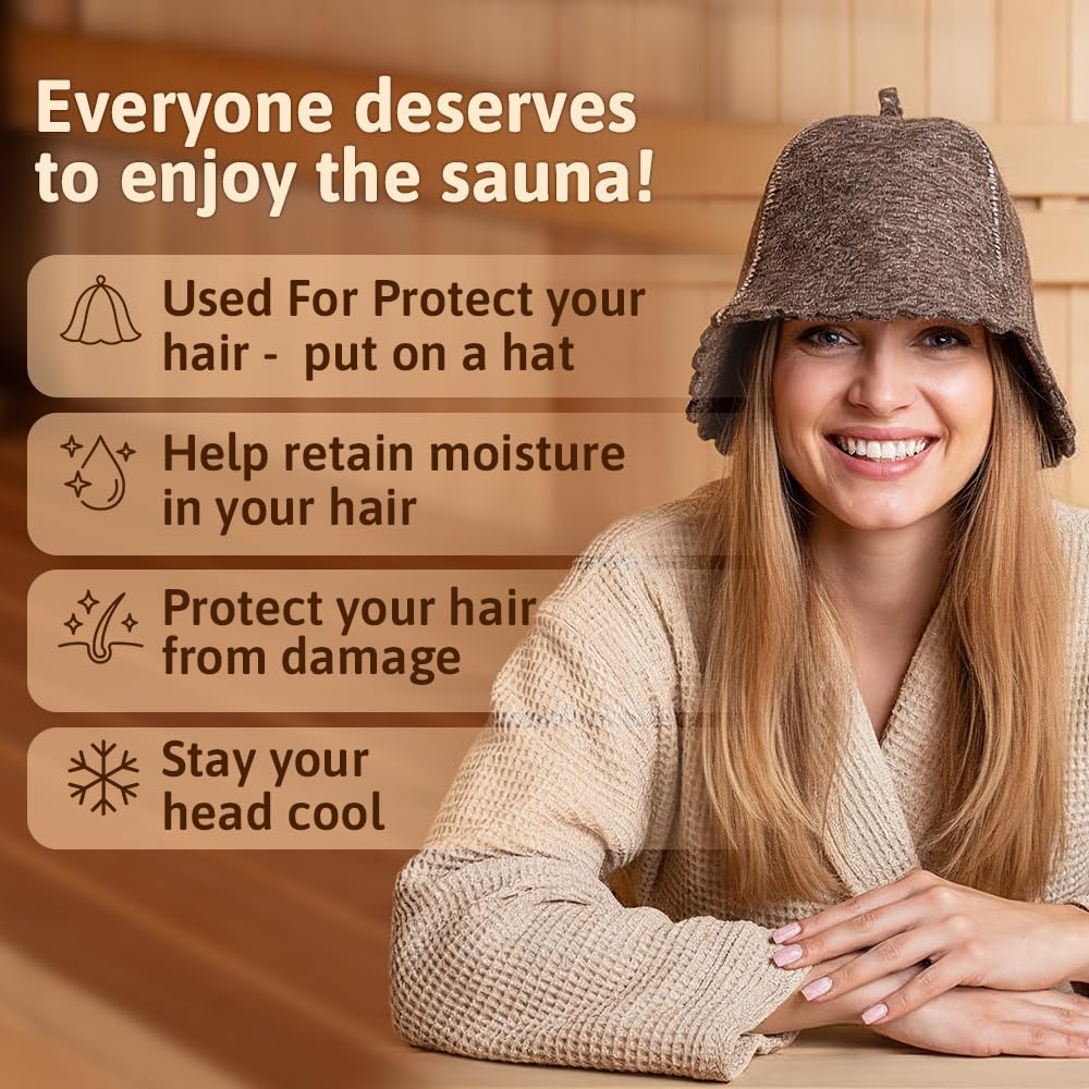 Askold wool sauna hat on model demonstrates practical hair protection