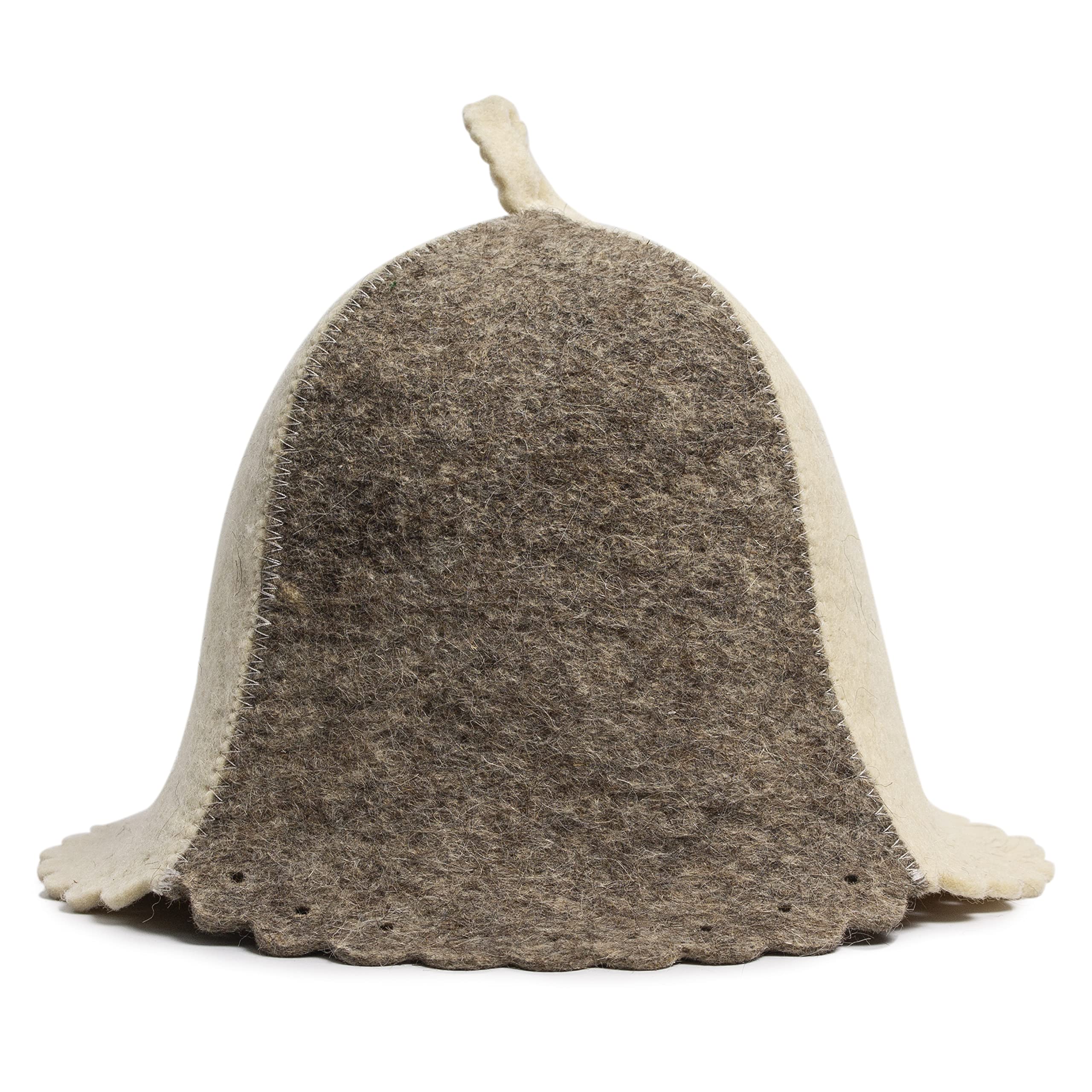 ASKOLD wool sauna hat gray worn by a man for comfortable sauna sessions.