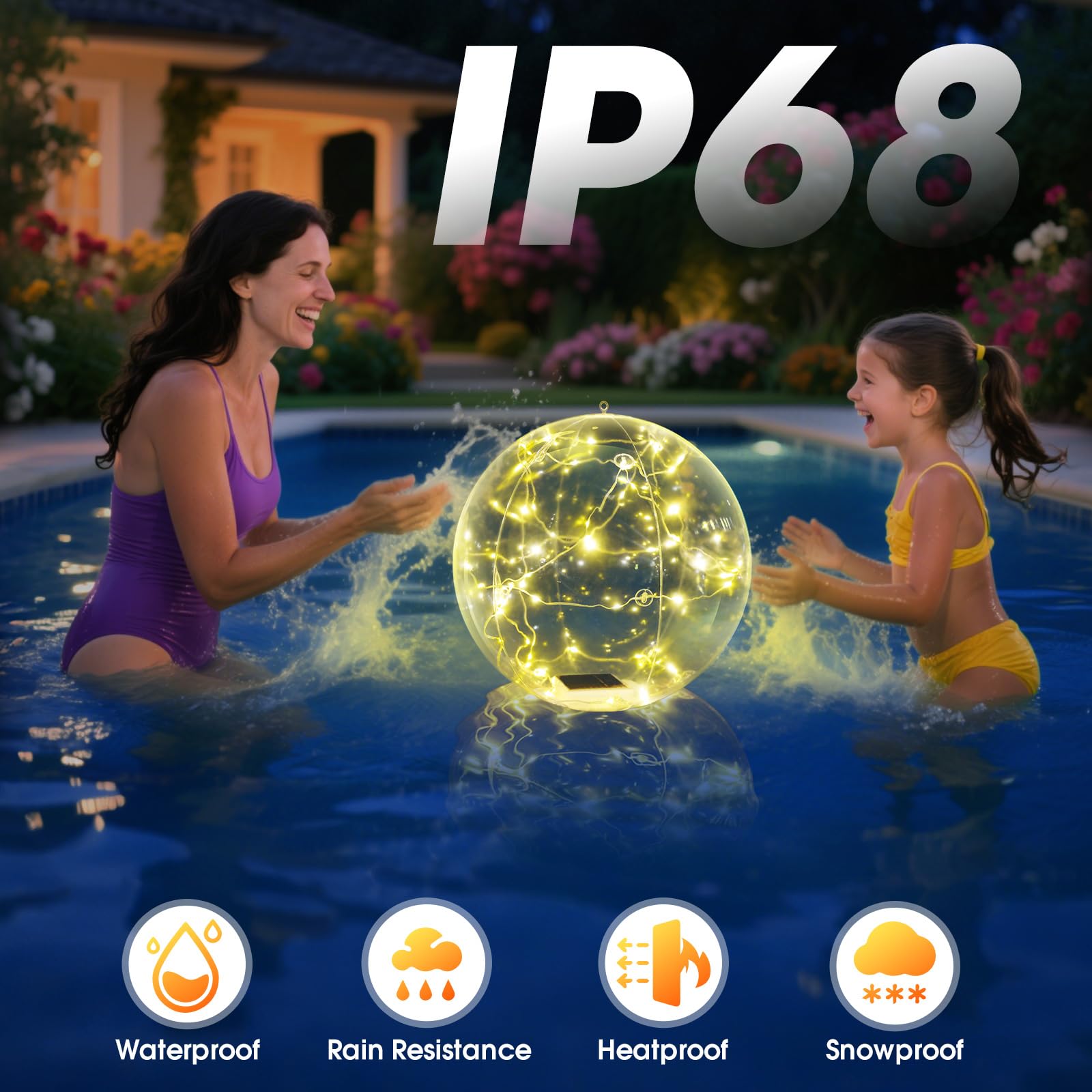 Askyli IP68 waterproof pool ball withstands splashes and weather.