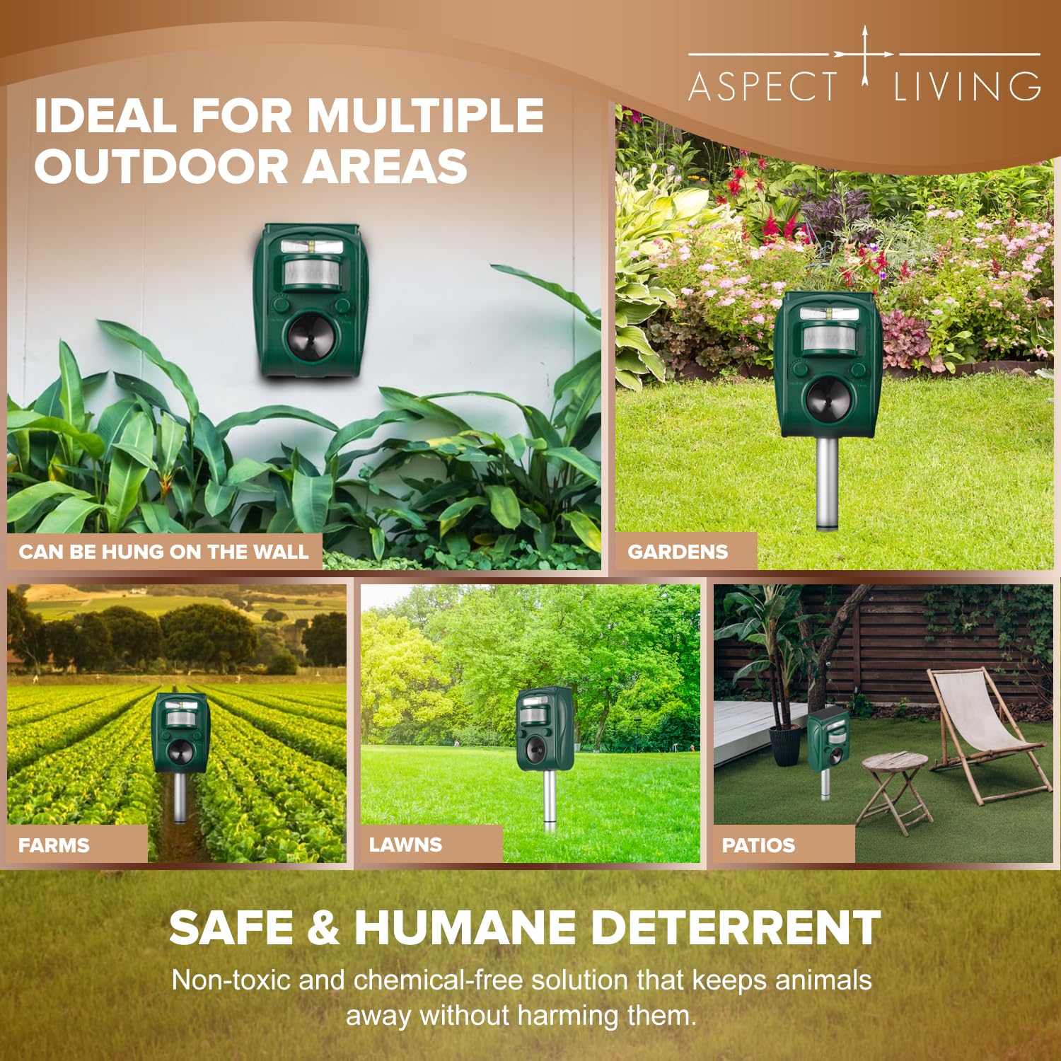 Aspect Living Solar Ultrasonic Animal Repellent IP65 weatherproof housing withstands rain and snow.