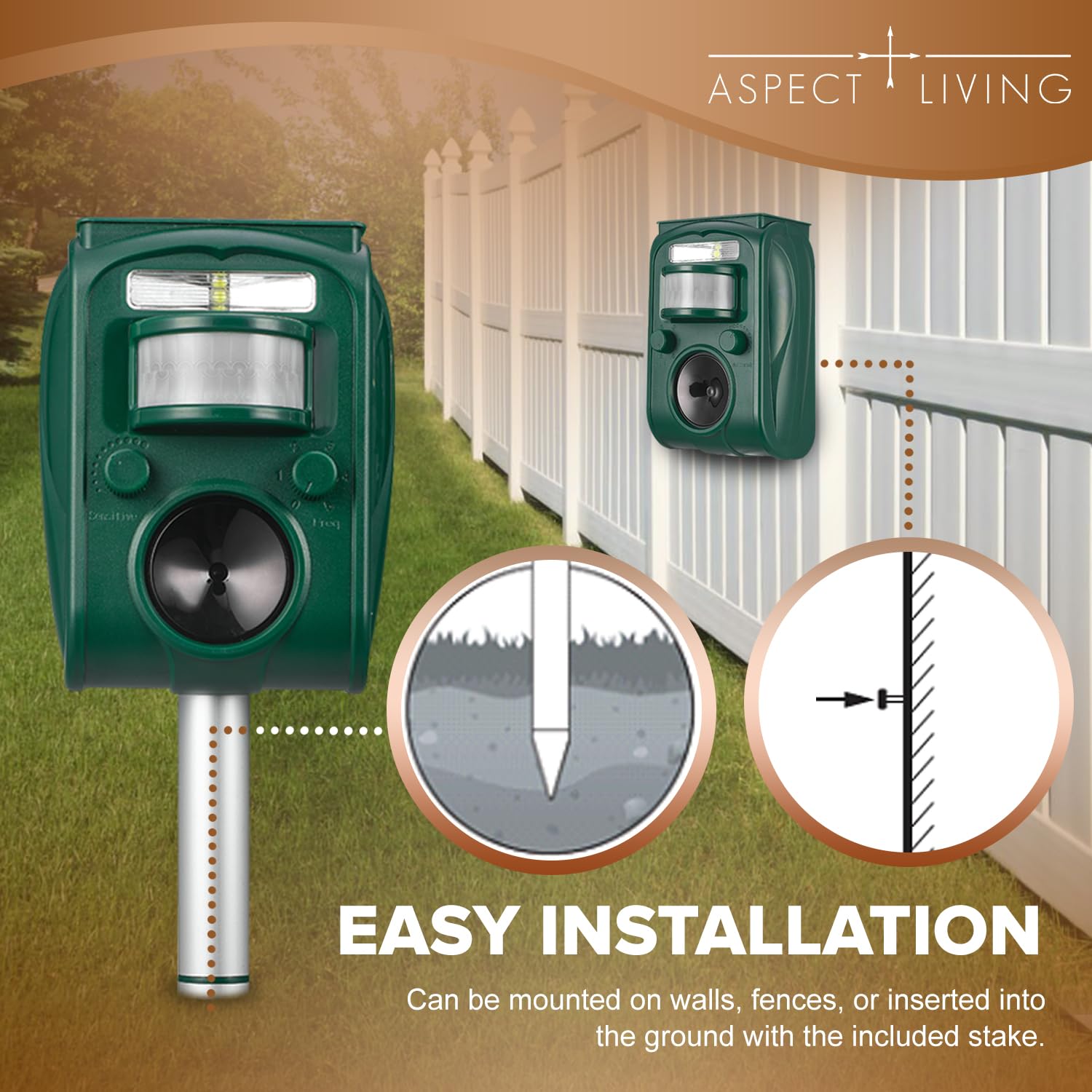 Aspect Living Solar Ultrasonic Animal Repellent LED flashes visible at dusk for added deterrence.