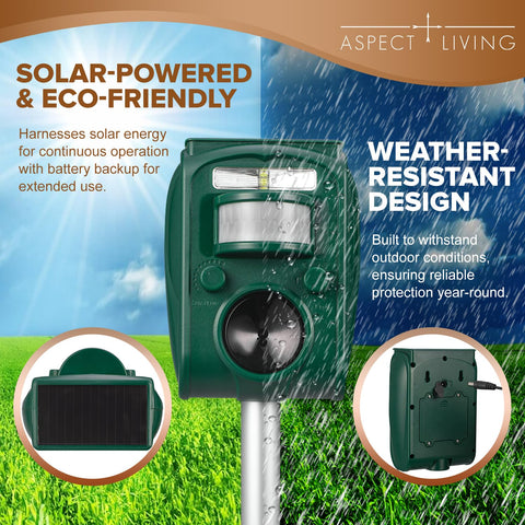 Aspect Living Solar Ultrasonic Animal Repellent side view showing weatherproof housing.