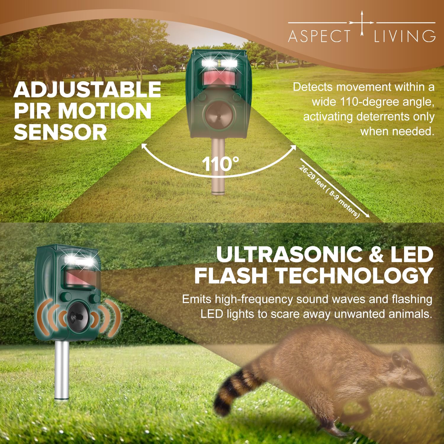 Aspect Living Solar Ultrasonic Animal Repellent mounted on wall for versatile placement.