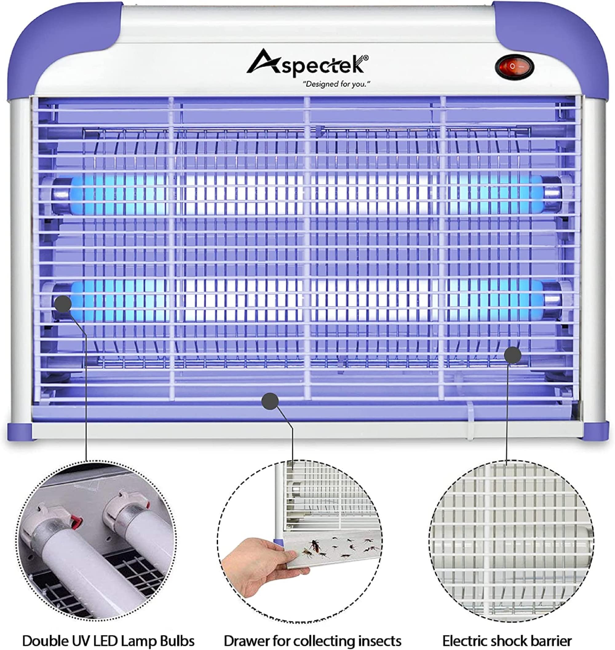 ASPECTEK 20W bug zapper close-up mesh emphasizes protective safety screen