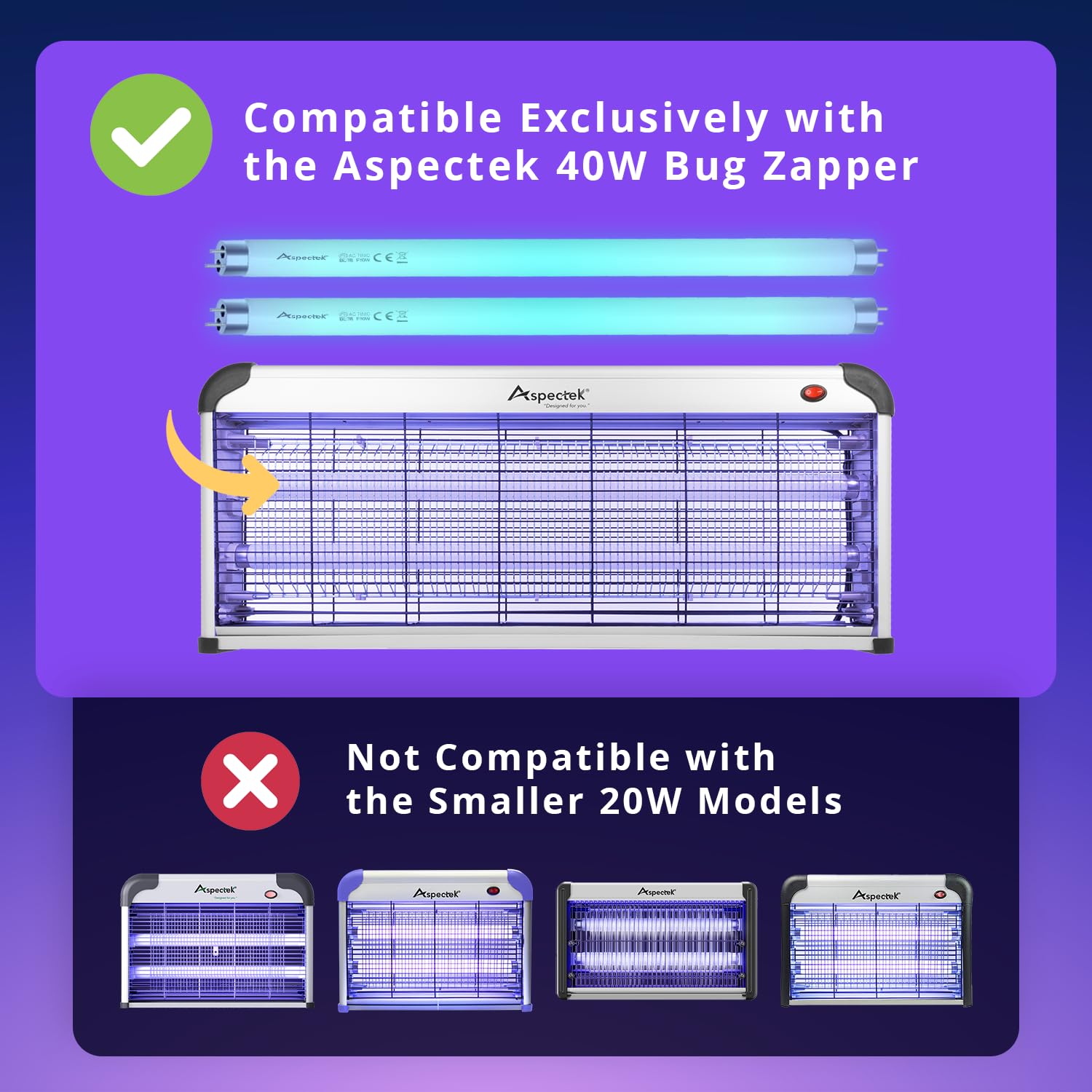 ASPECTEK UV replacement tube delivers bright UV for quick pest catching.