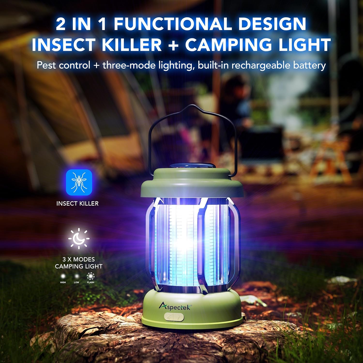 Aspectek cordless bug zapper lantern provides ambient light while charging via USB-C.