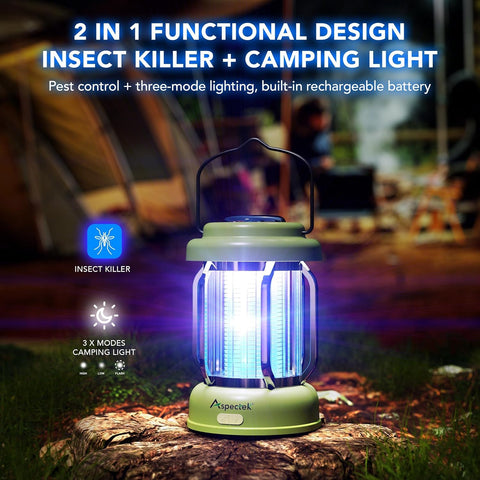 Aspectek cordless bug zapper lantern provides ambient light while charging via USB-C.